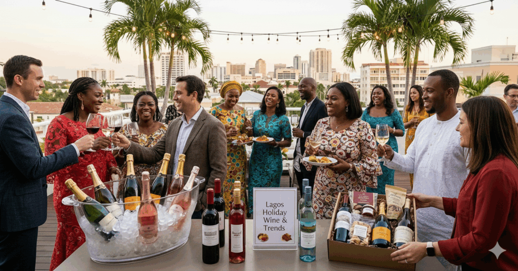A diverse group of people, primarily of Nigerian descent, are enjoying a festive wine tasting event on a rooftop terrace in Lagos. They are dressed in colourful traditional and modern attire, holding glasses of red, white, and rosé wines. In the foreground, there's a large ice bucket filled with various bottles of wine, including sparkling, rosé, and red. A smaller selection of red and white wines stands beside it, along with a gift basket containing several wine bottles and gourmet items. A sign in the middle reads "Lagos Holiday Wine & Trends." In the background, palm trees and the cityscape of Lagos under a warm evening sky complete the vibrant scene