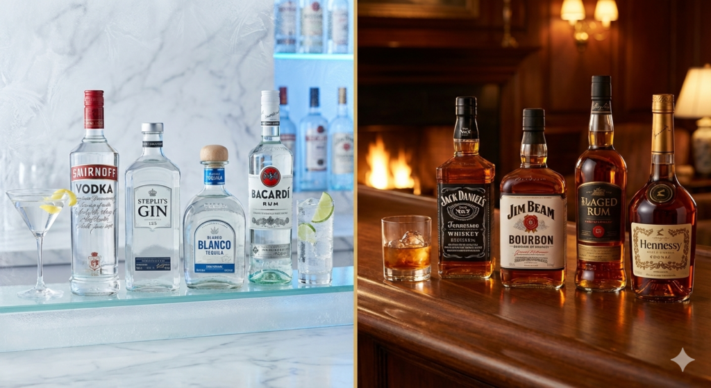 Three bottles of whiskey, bourbon, and Scotch arranged on a wooden bar shelf with tasting glasses, highlighting differences in bottle shapes and labels.