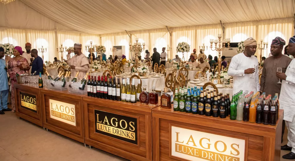 Wedding drinks packages in Lagos with champagne, wine and spirits display.