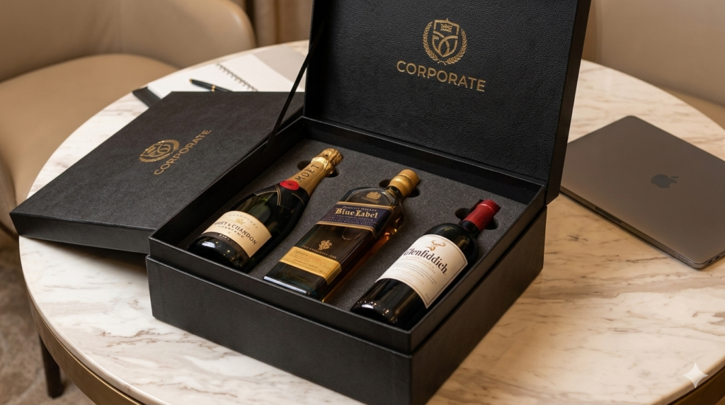 Corporate alcohol gifts Lagos – premium champagne, whiskey and wine gift set for business clients