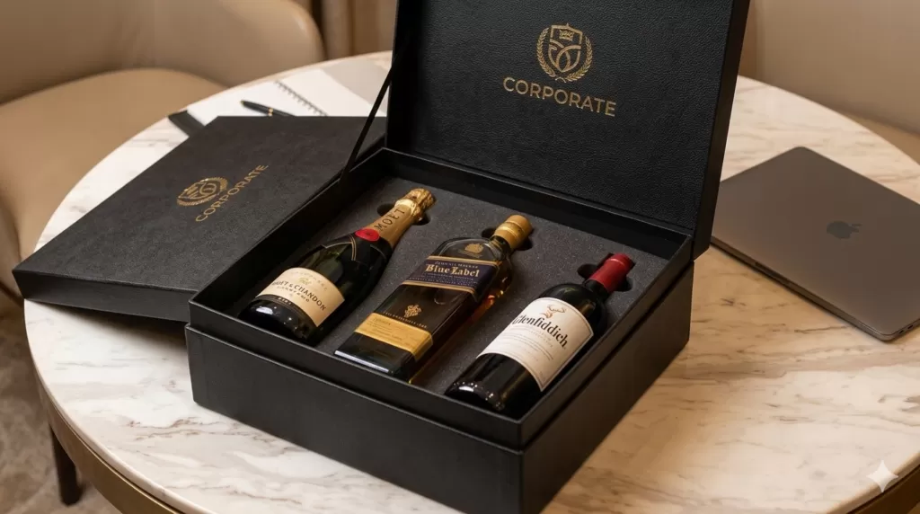 Corporate alcohol gifts Lagos – premium champagne, whiskey and wine gift set for business clients