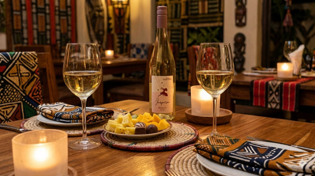 Top wines for romantic dates Nigeria – Chateau Vartely Muscat White with romantic dinner setup